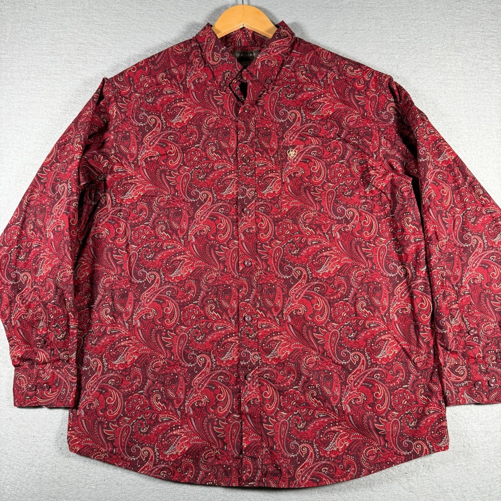 Ariat Mens XL Red Paisley Long Sleeve Button Down Western Shirt Burgundy‎ Logo